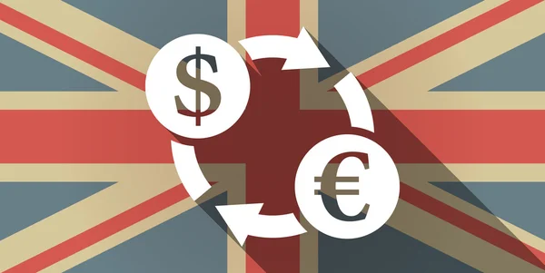 Longue ombre drapeau britannique icône avec un dollar euro signe de change — Image vectorielle