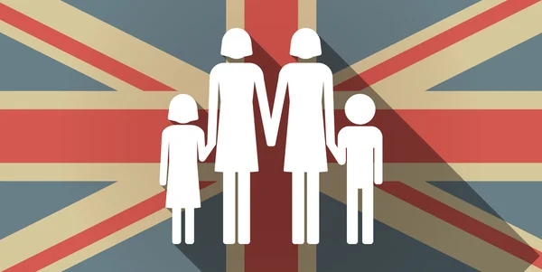 Lange schaduw Uk vlagpictogram met een lesbische ouders familie pictogram — Stockvector