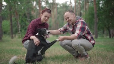 Kafkasyalı olumlu bir adam, elinde köpek pençesi tutarak hayvan kafasını okşayan bir kadın. Neşeli karı koca sabah ormanda ya da parkta oturup evcil hayvan eğitiyorlar..