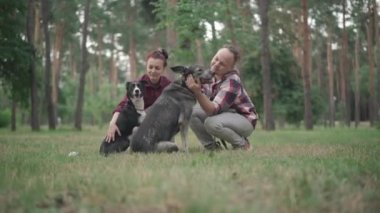 Açık havada, yaz ormanlarında karısı, kız arkadaşı ve köpekleriyle oturan mutlu ve rahat bir adamın geniş bir görüntüsü. Evcil hayvanı ve ortağı olan beyaz bir koca ya da erkek arkadaş..