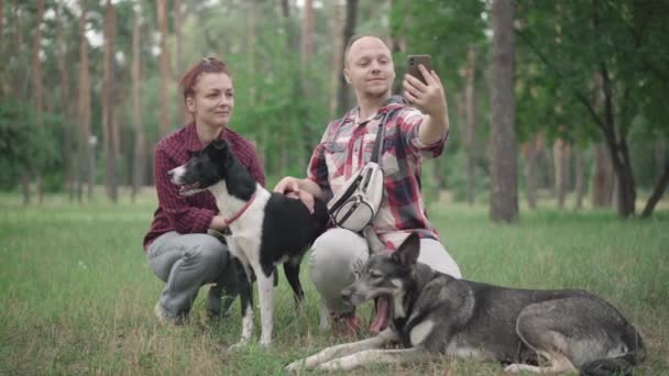 Portrait of proud Caucasian man taking selfie with wife and dogs in summer park. Confident positive young husband and wife enjoying morning with domestic pets in forest. — Stock Video