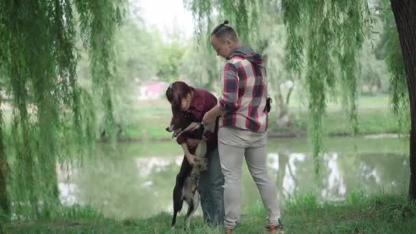 Amplio tiro de pareja positiva abrazando perro en la orilla del lago y sonriendo. Mascota doméstica feliz con los propietarios al aire libre en el parque de la mañana. — Vídeos de Stock