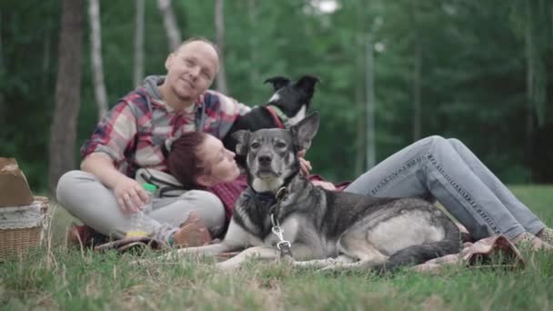 Portret van een serieuze hond op zomergazon met wazig koppel op de achtergrond. Ontspannen echtpaar met huisdieren in bos of park buiten. — Stockvideo