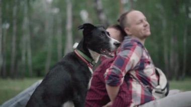 Arka planda sırt sırta oturup gülümseyen bulanık beyaz bir çiftle ormanda mutlu bir köpek. Kendine güvenen evcil hayvan ve genç aile yaz ormanlarında ya da açık havada birlikte dinleniyorlar..