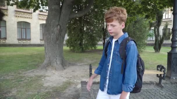 Confiado pelirrojo colegial reunión compañero de clase al aire libre. Retrato de dos amigos caucásicos positivos saludándose en el patio de la escuela. Generación Z estilo de vida y educación. — Vídeos de Stock