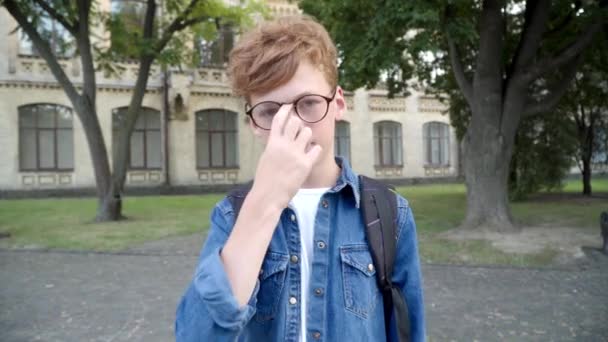 カメラを見て笑っている眼鏡の天才赤毛の少年。屋外の校庭でポーズをとっている聡明な白人の少年の肖像画。Z世代の概念. — ストック動画