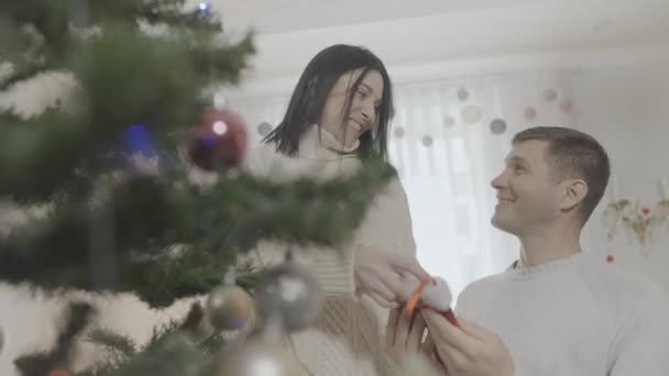 Sonriendo feliz pareja decorando el árbol de Navidad en casa. Retrato de hombre y mujer caucásicos amorosos positivos disfrutando de la decoración de la víspera de Navidad en el interior. Concepto de unión y celebración. — Vídeos de Stock