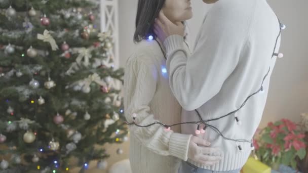 Casal amoroso irreconhecível abraçando e sorrindo em pé na árvore de Ano Novo em casa. Feliz marido e mulher caucasianos desfrutando de feriados fins de semana dentro de casa. Celebração de Natal. — Vídeo de Stock