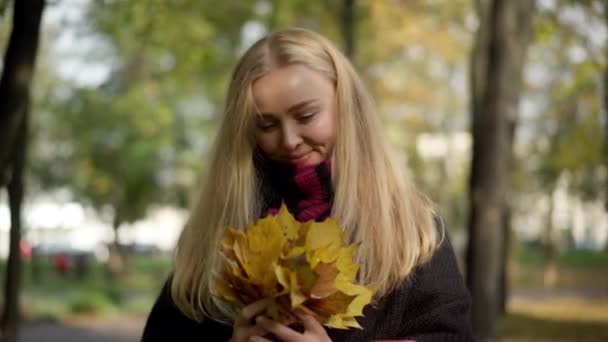 Portret van een vrolijke blanke jonge vrouw poserend met bladeren boeket in het herfstpark. Lachende mooie slanke dame kijkend naar de camera die buiten staat in zonnestralen. Vreugde en schoonheid concept. — Stockvideo
