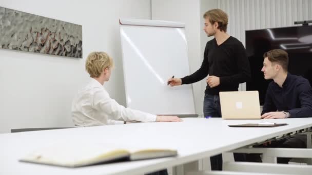 Ampla foto de consultor caucasiano confiante desenhando em quadro-negro na sala de conferências do escritório conversando com colegas sentados à mesa. Homem profissional CEO planejamento startup com colegas de trabalho. — Vídeo de Stock