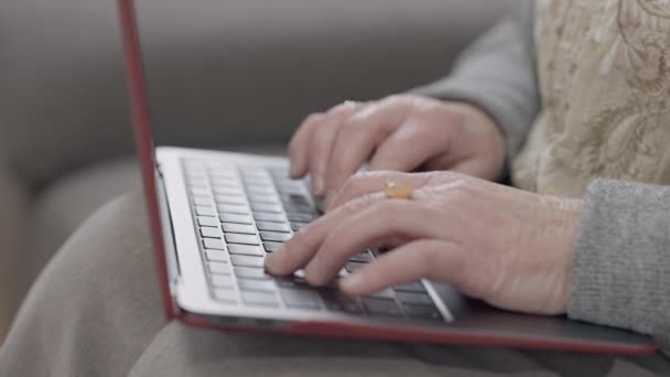 Primer plano superior manos femeninas escribiendo en el teclado del ordenador portátil. Irreconocible vieja mujer caucásica navegando por Internet mensajería en línea en el interior. Tecnologías modernas y concepto de envejecimiento. — Vídeo de stock
