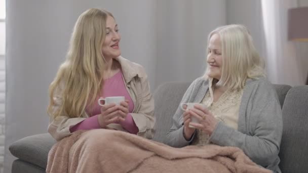 Két pozitív fehér idős nő portréja, akik teáscsészéket tartanak a kanapén. Boldog nyugodt női barátok találkozó hangulatos nappali csevegés. Életmód és örök barátság. — Stock videók