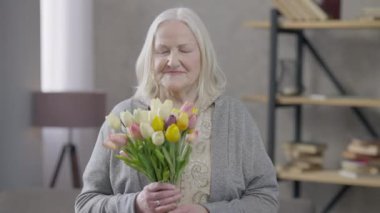 Gri saçlı yaşlı kadın çiçek buketi koklarken kameraya bakıp gülümsüyor. Oturma odasında duran lalelerin kokusunun tadını çıkaran mutlu beyaz emeklinin orta boy portresi..