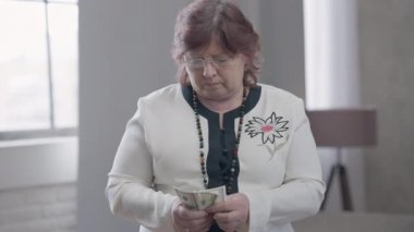 Üzgün, kızıl saçlı, gözlüklü, parayı sayıp, parayı sokağa atan ve giden yaşlı kadın. Çaresiz beyaz emeklinin portresi evdeki oturma odasında üzülüyor. Yoksulluk ve yaşlanma.