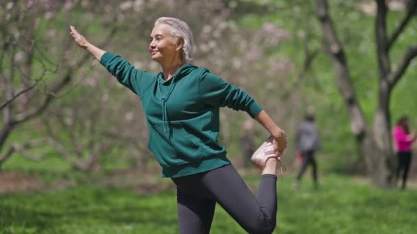 Happy senior sportswoman standing on one leg stretching muscles outdoors. Warmup exercise of positive confident fit Caucasian retiree in sunny spring summer park. Lifestyle and sport concept. — Stock Video