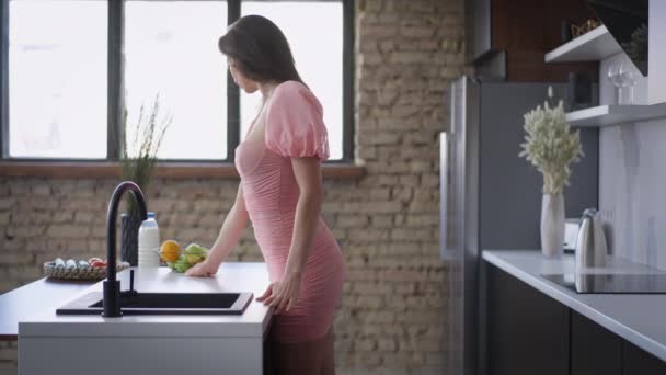 Riches riche jeune femme caucasienne en robe rose touchant comptoir dans le nouveau tournage de la maison. Portrait d'une dame sensuelle élégante et élégante confiante qui réussit à l'intérieur. Mouvement lent. — Video