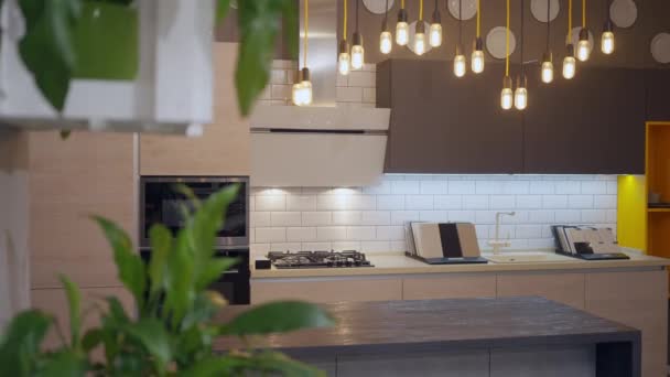 Helt nytt kök i lyxig butik inomhus. Bred bild av köksskåp med hushållsapparater i butiken. Koncept om lyx och konsumtion. — Stockvideo