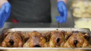 Önlüklü ve eldivenli kadın aşçı, yemek tepsisini bir kenara bırakıp ticari mutfağa paslanmaz mutfak koyuyor. Kafe lokantasında çalışan tanınmayan beyaz kadın..