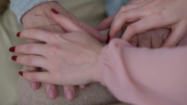 Close-up senior and young female hands caressing. Unrecognizable Caucasian granddaughter supporting grandmother indoors at home. Unity and endorsement concept. — Stock Video