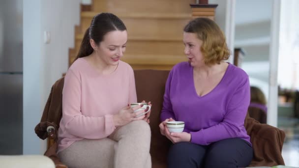 Relaxado alegre adulto mãe e jovem filha falando sorrindo sentado no sofá confortável com xícara de chá. Mulheres bonitas caucasianas positivas conversando reunião no fim de semana dentro de casa. — Vídeo de Stock