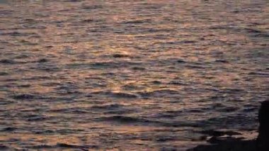 Denizin üzerinde altın yansıması ile gün batımı, sakin dalgalar kayalık kıyı şeridi ve ıssız bir siluet, sıcak turuncu gökyüzü, ışıltılı su yolu
