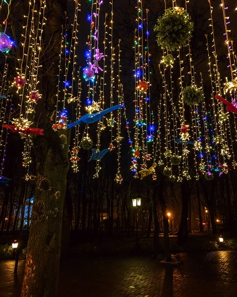 Inverno Brilhando Rua Decorações Natal Grinaldas Natal Fundo Escuro — Fotografia de Stock