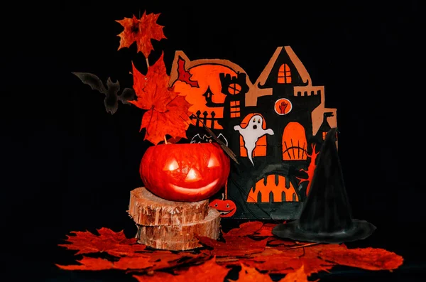 Symbol Für Halloween Jack Laternen Auf Dunklem Hintergrund Halloween Karte — Stockfoto