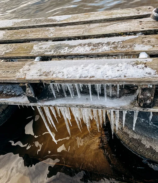 Handcrafted Wooden Fishing Bridge Shore Beautiful Lake Winter — Stock Photo, Image