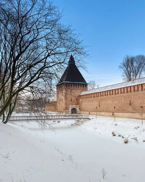 ロシアのスモレンスクの歴史的な街の中心部 スモレンスクのクレムリンの古い城の壁 — ストック写真