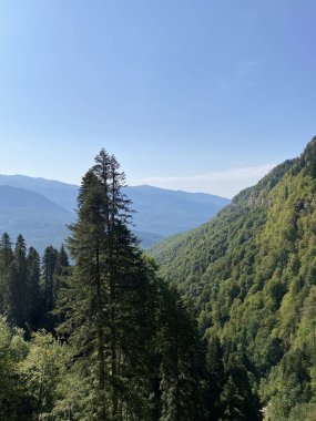 Rosa Khutor Kayak Tatil Köyü, Sochi, Rusya 'dan görüntüler. Roza Pik, 2320 metre yükseklikte yer alan Aibga dağ sırasının zirvesidir..