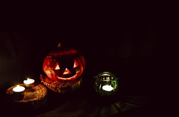 Symbole Halloween Jack Lanternes Sur Fond Sombre Carte Halloween Lampe — Photo