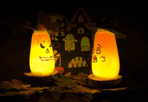 Glowing Lamps Terrible Faces Dark Background Halloween Card — Stock Photo, Image