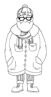 Karakter, yenilikçi, üzerinde izole adamla palto ve şapka, gözlük, 