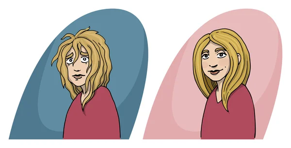 Dívka, před a po koncept, střih, péči o vlasy, charak — Stockový vektor