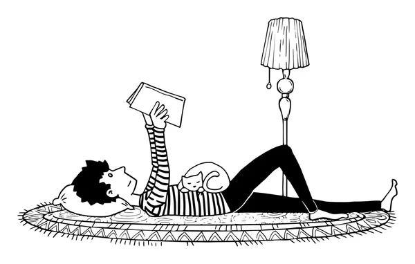 Leggendo un libro, sdraiato, con un gatto, personaggio, nero e wh — Vettoriale Stock