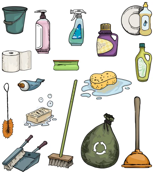 Çeşitli temizlik nesneleri kümesi — Stok Vektör