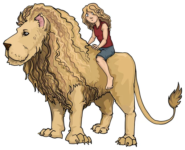 Leuk meisje paardrijden een enorme leeuwenkoning — Stockvector