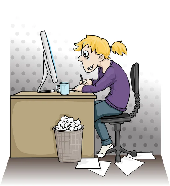 Menina trabalhando duro em um computador — Vetor de Stock