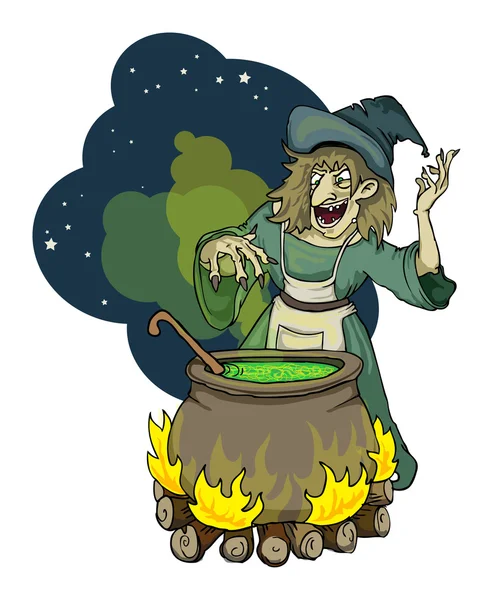 Cartoon wicked witch at night with the cauldron of green goo — Διανυσματικό Αρχείο