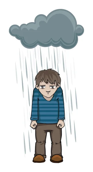 Hombre de dibujos animados con una nube de lluvia oscura sobre su cabeza — Vector de stock