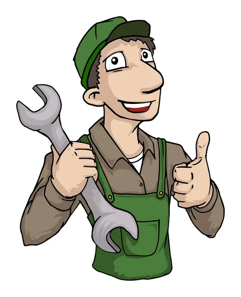 Repairman with giant wrench and thumbs up — Stock Vector