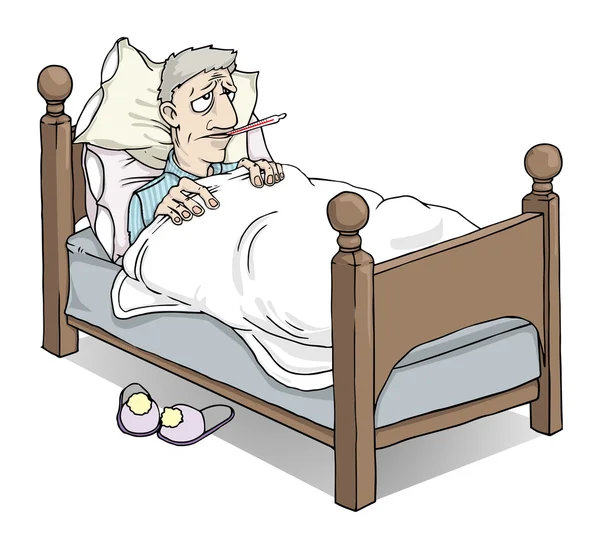 Hombre enfermo en la cama con fiebre — Vector de stock