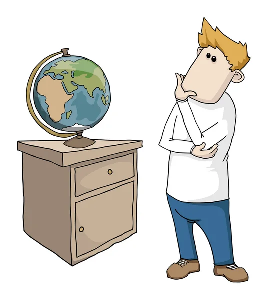 Hombre de dibujos animados mirando un globo — Vector de stock