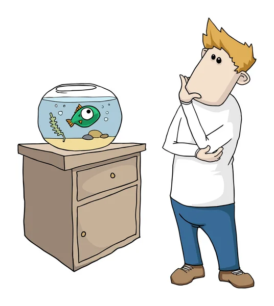 Homem dos desenhos animados olhando para tigela de peixe — Vetor de Stock