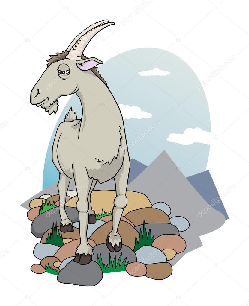 Long horned goat with a mountain background