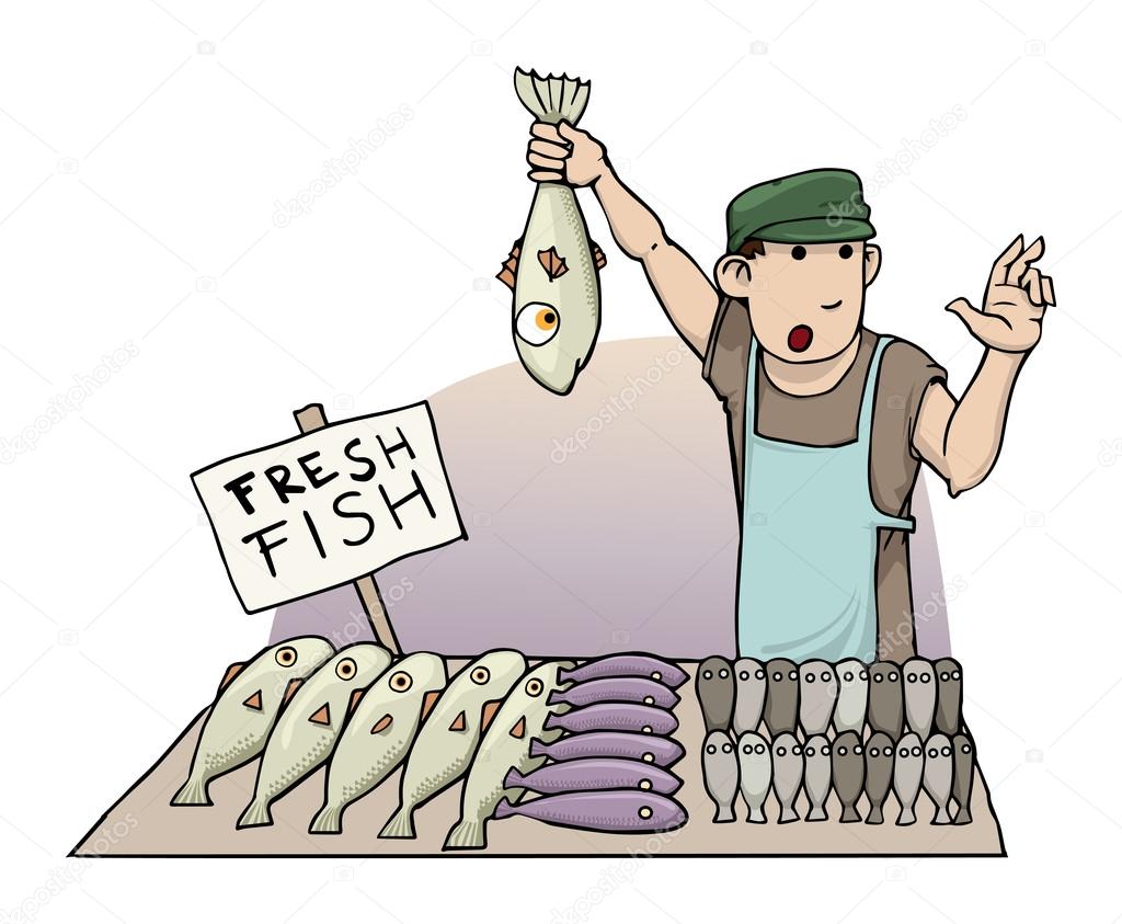cartoon fish seller, holding a fish
