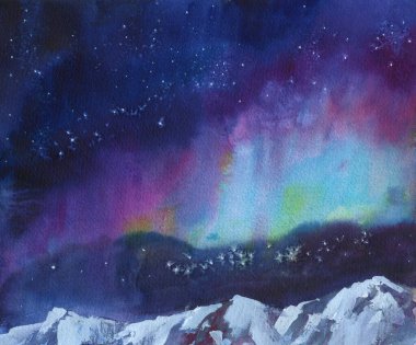 suluboya kış manzarası Dağlarda kuzey ışıkları
