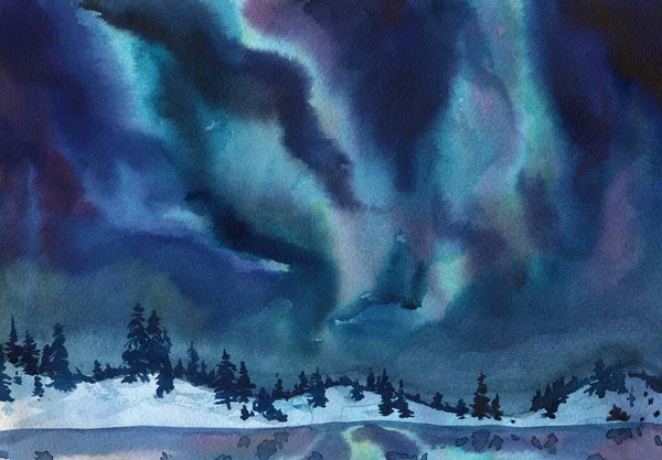 Μεγάλα Όμορφα Βόρεια Φώτα Νύχτα Στο Χιόνι Υδατογραφία Έργα Τέχνης — Φωτογραφία Αρχείου