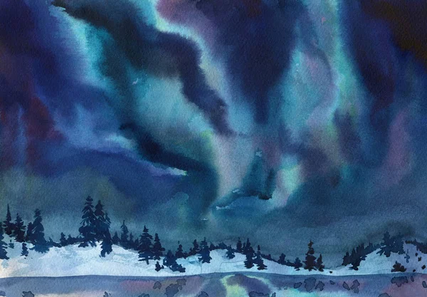 Grandes Belles Lumières Nord Nuit Dans Neige Aquarelle Image En Vente