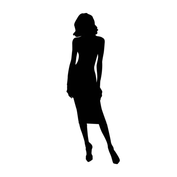 女性黒シルエットのファッショントレンディーなスタイル巻き毛の女性ポーズでミニドレスベクトル — ストックベクタ